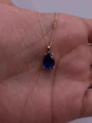 14Kt Gold Blue Sapphire Teardrop Pendant Necklace