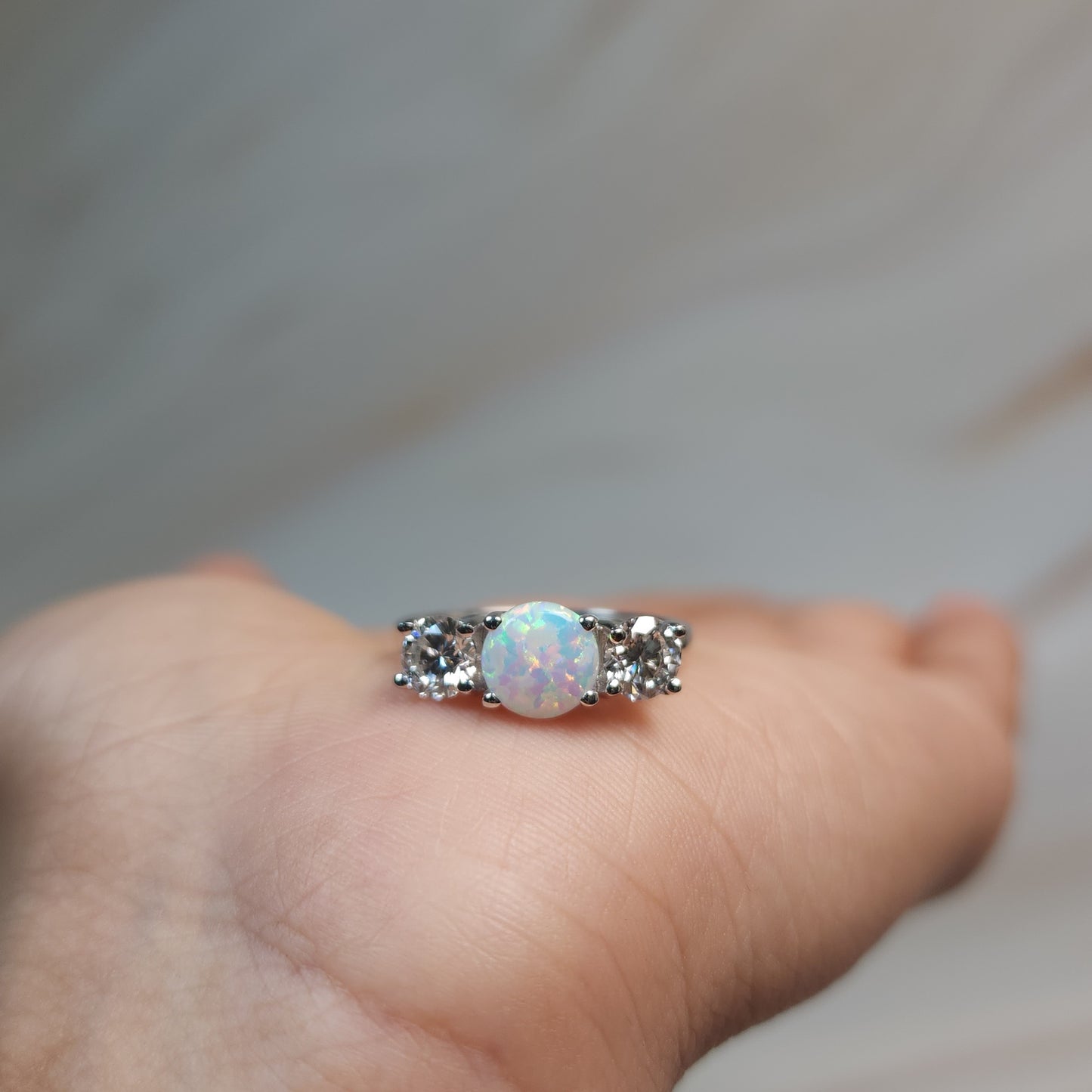 Created Opal & 1Ct Lab Grown Diamond Round ring .925 Sterling Silver