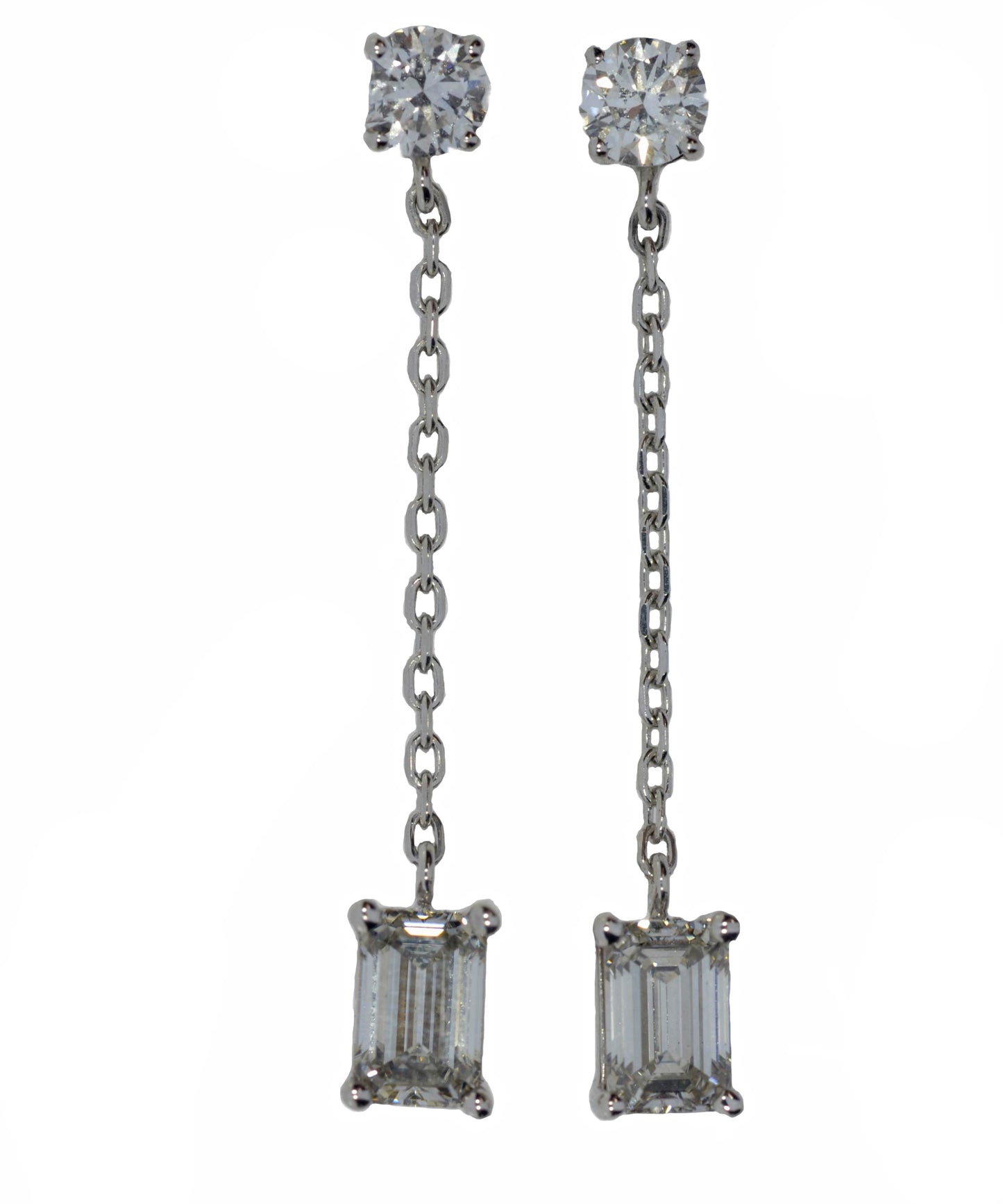 14Kt Gold 3 Ct Lab Grown 2 Stone Emerald Cut & Round Diamond Dangle Studs Earrings