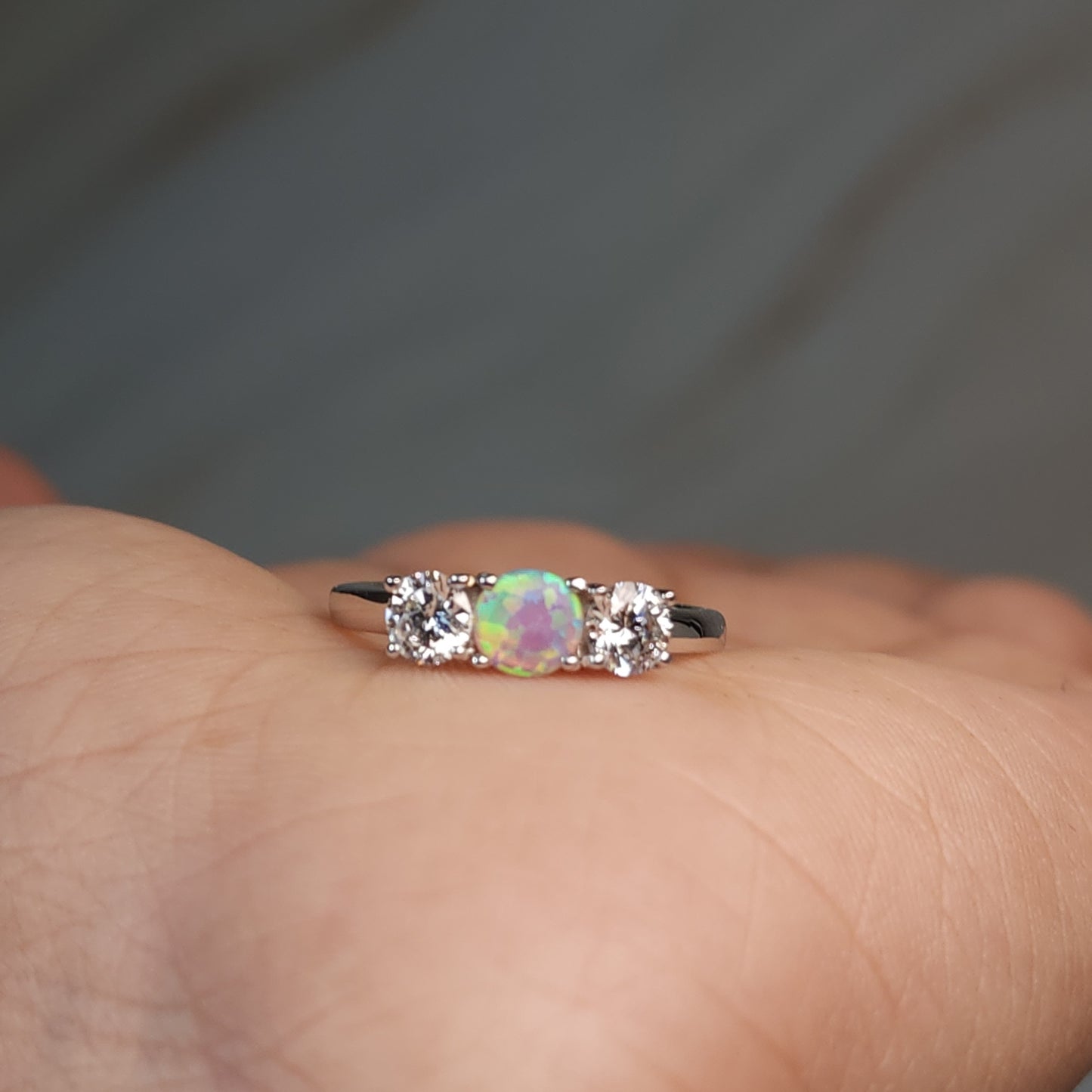 Created Pink Opal & Lab Grown Diamond Round ring .925 Sterling Silver
