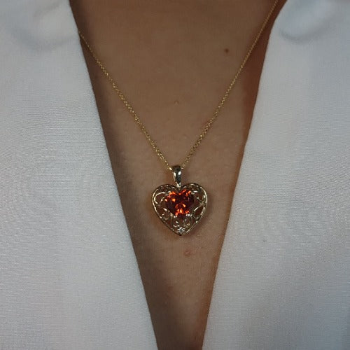 14Kt Gold Garnet & Diamond Heart LOVE ENGRAVED Pendant Necklace