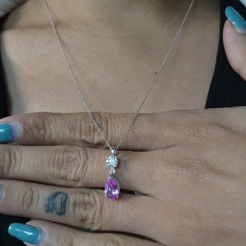 14Kt Gold Pink Sapphire Teardrop & Lab Grown Diamond Pendant