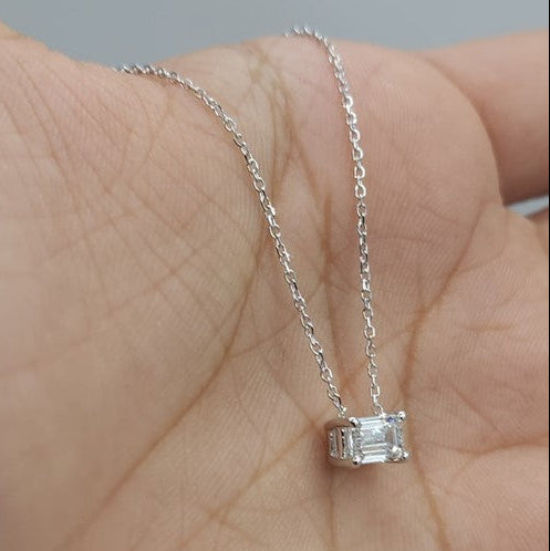 14Kt Gold 0.50 Ct East West Lab Grown Emerald Cut Diamond Pendant Necklace