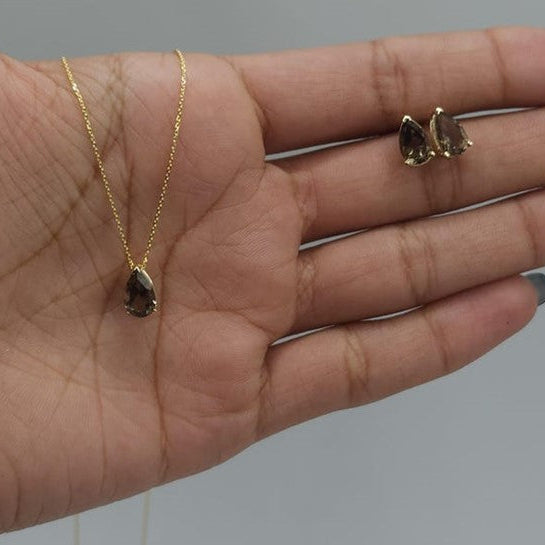 14Kt Gold Smoky Topaz Teardrop Pendant Necklace