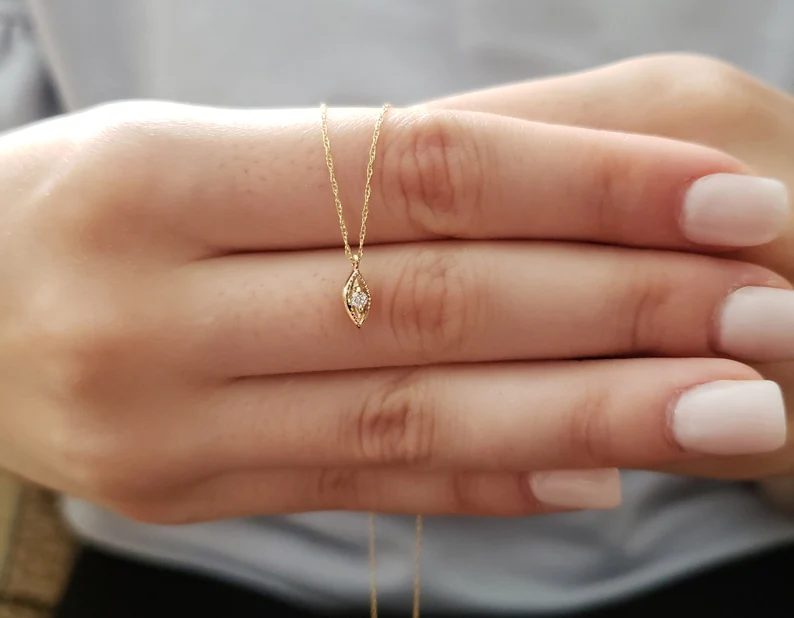 14Kt Gold Lab Grown Eye Diamond Double Side Pendant Necklace