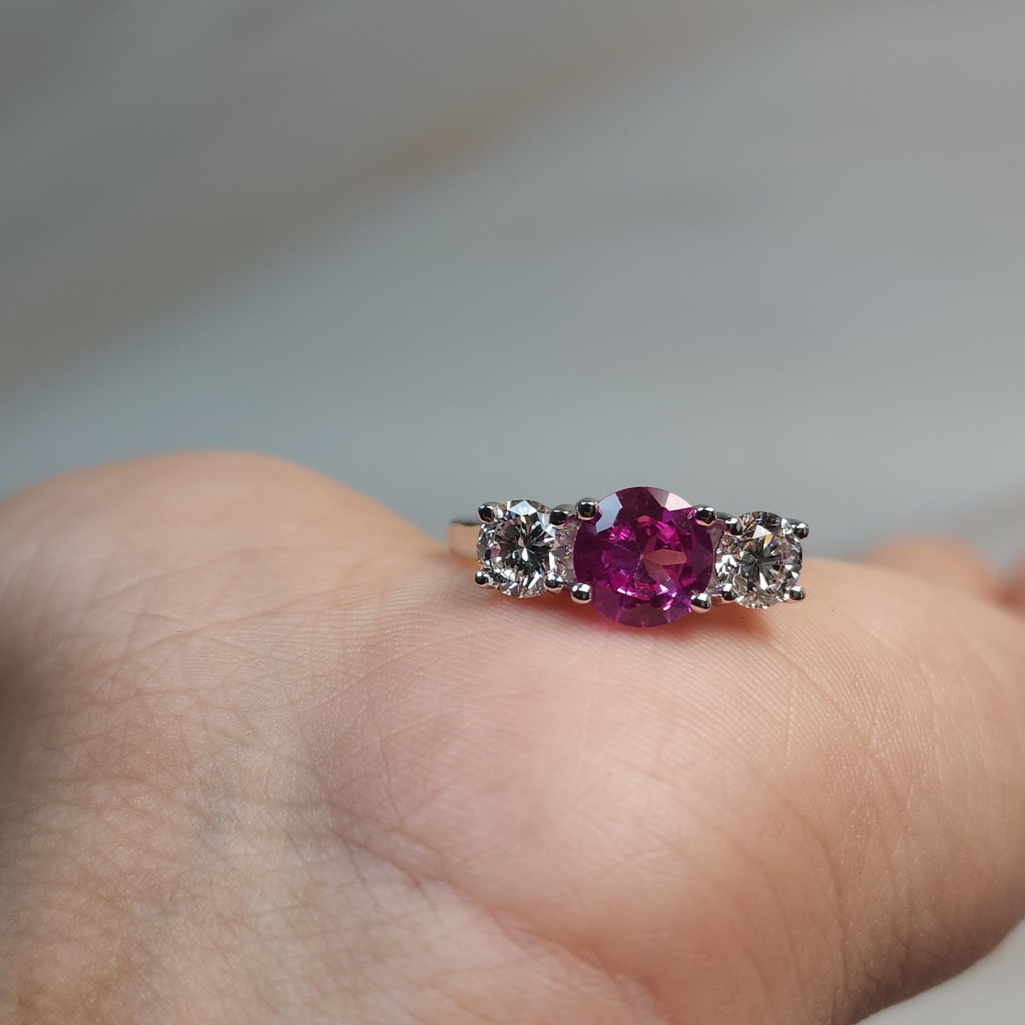 Created Pink Sapphire & 1Ct Lab Grown Diamond Round ring .925 Sterling Silver