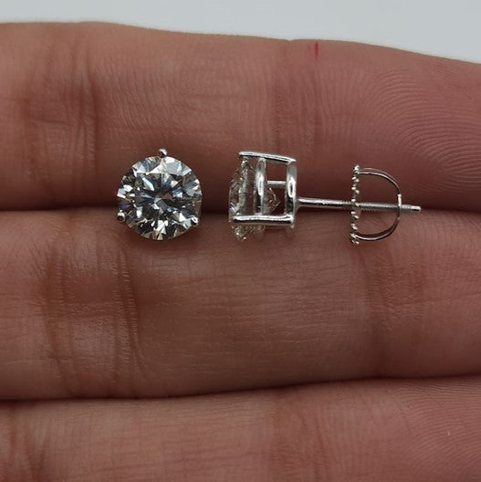 14Kt Gold 3 Ct 3 Prong Lab Grown Diamond Studs Earrings