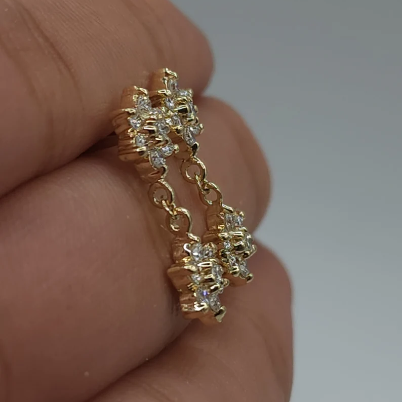 14Kt Gold 0.56 Ct Lab Grown Cluster Star Flower Diamond Dangle Stud Earrings