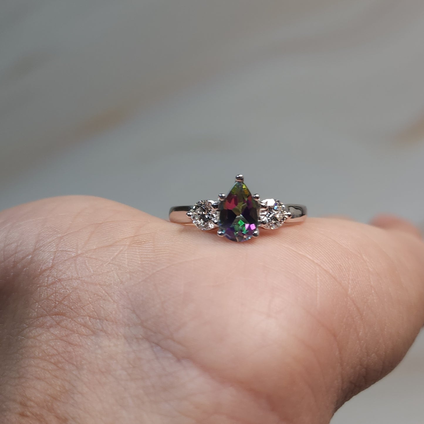 Natural Mystic Topaz & Lab Grown Diamond Pear Round ring .925 Sterling Silver