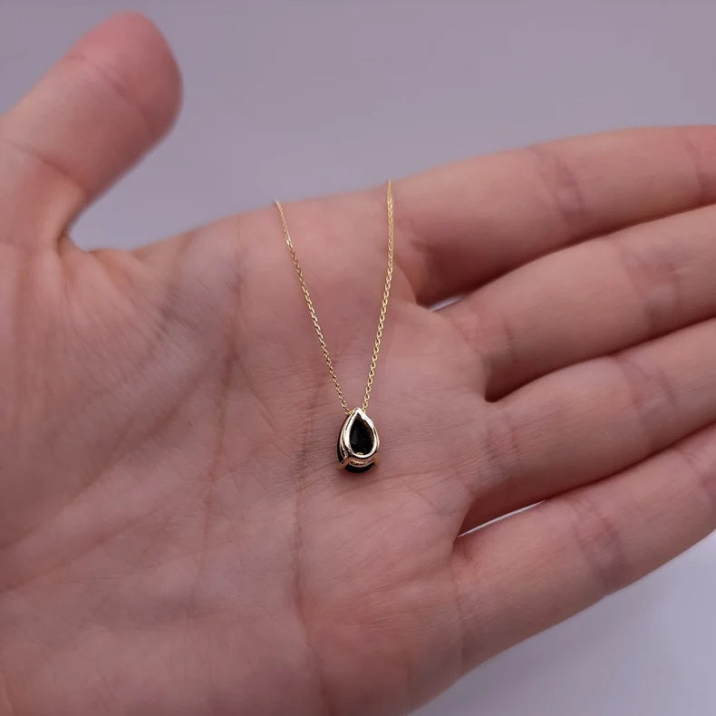 14Kt Gold Natural Black Onyx Teardrop Necklace Pendant