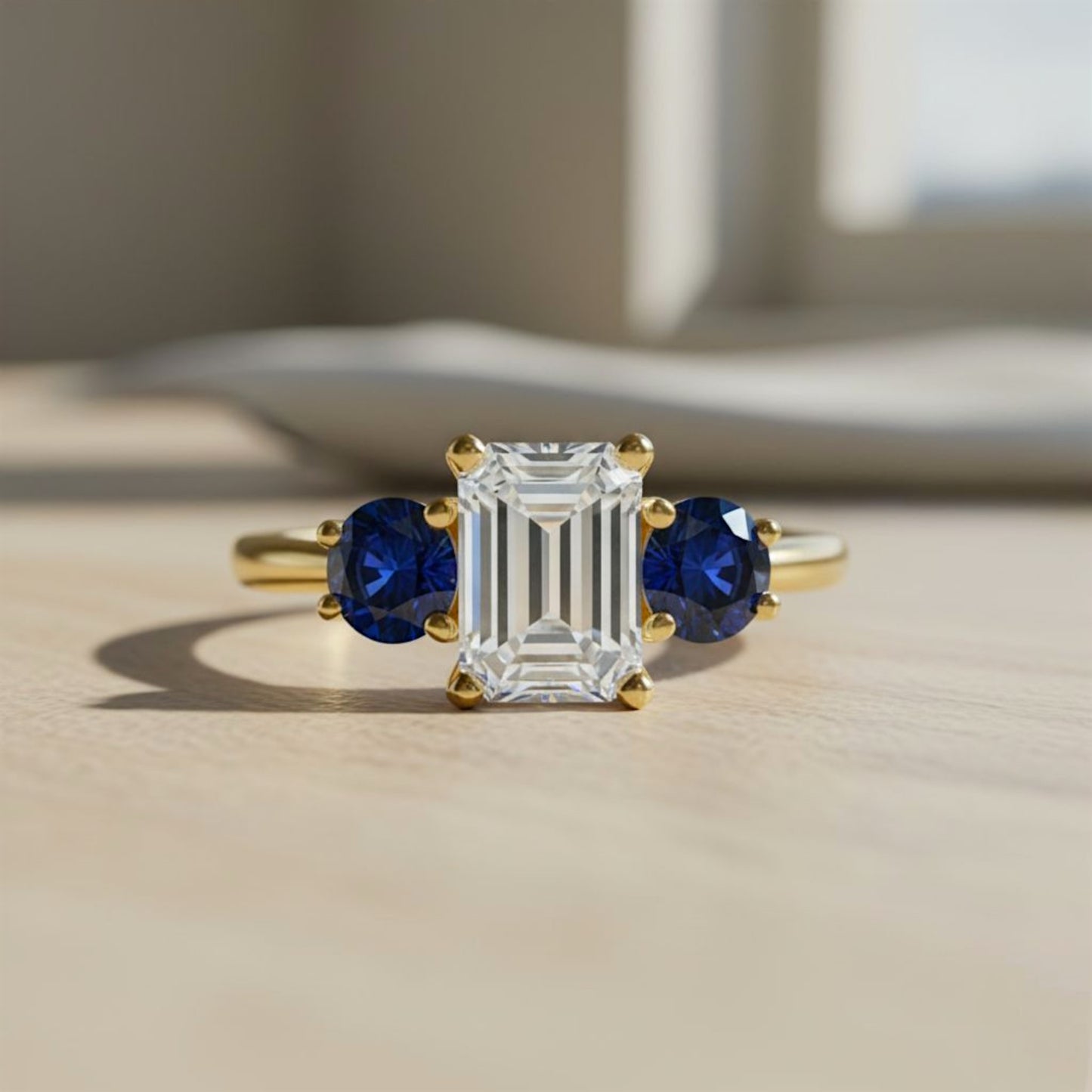 14Kt Gold 1.60 Ct Emerald Cut and Blue Sapphire 3 Stone Lab Grown Diamond Ring