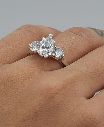 14Kt Gold 2.50 Ct Lab Grown Diamond Teardrop Pear 3 Stone Engagement Ring