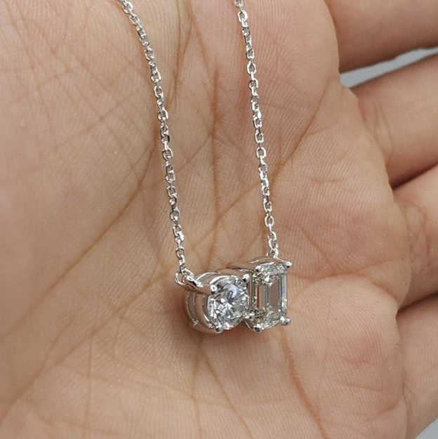 14Kt Gold 1.72 Ct 2 Stone Emerald Cut & Round Lab Grown Diamond Necklace