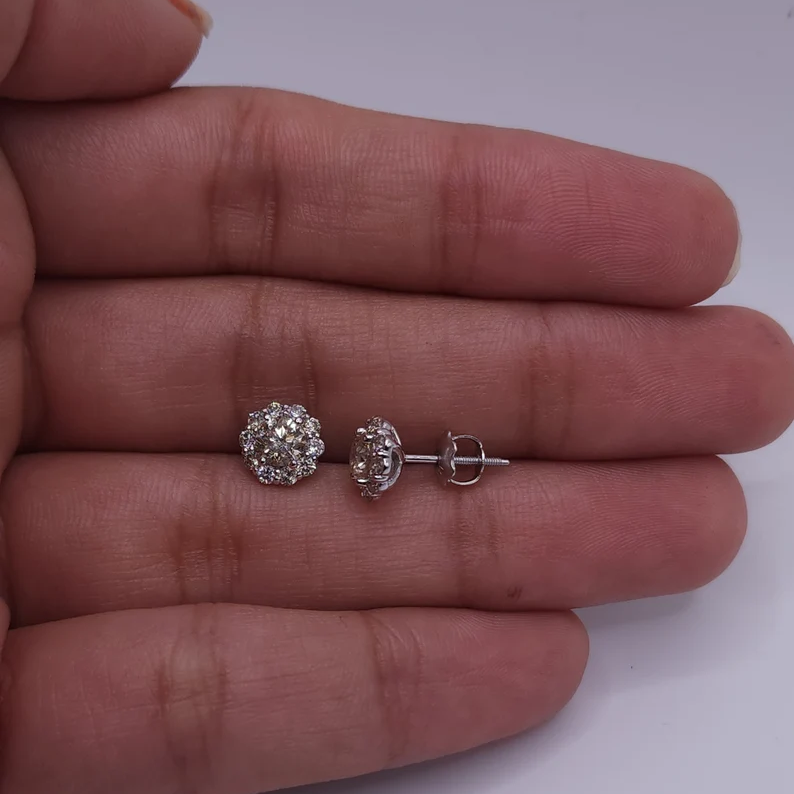 14Kt Gold 1 Ct Lab Grown Halo Diamond Stud Earrings