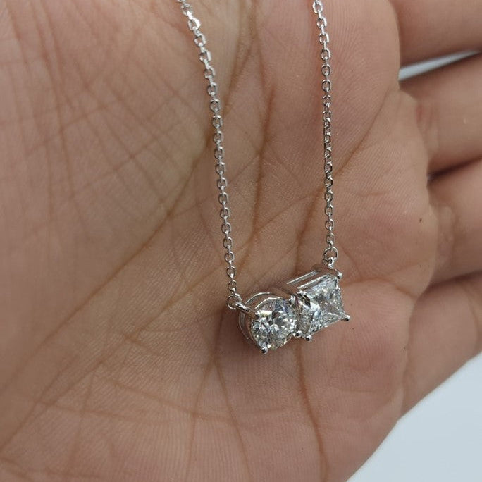 14Kt Gold 1.70 Ct 2 Stone Princess Cut & Round Lab Grown Diamond Necklace