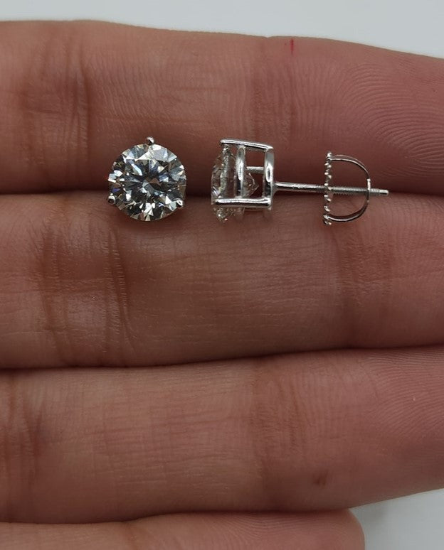 14Kt Gold 2.50 Ct Lab Grown Diamond 3 Prong Stud Earrings