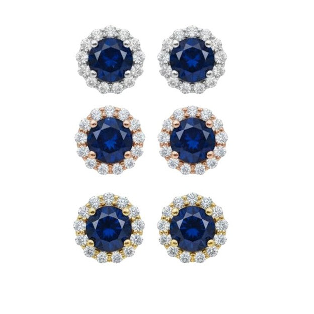 14Kt Gold Lab Grown Diamond & Blue Sapphire Halo Stud Earrings