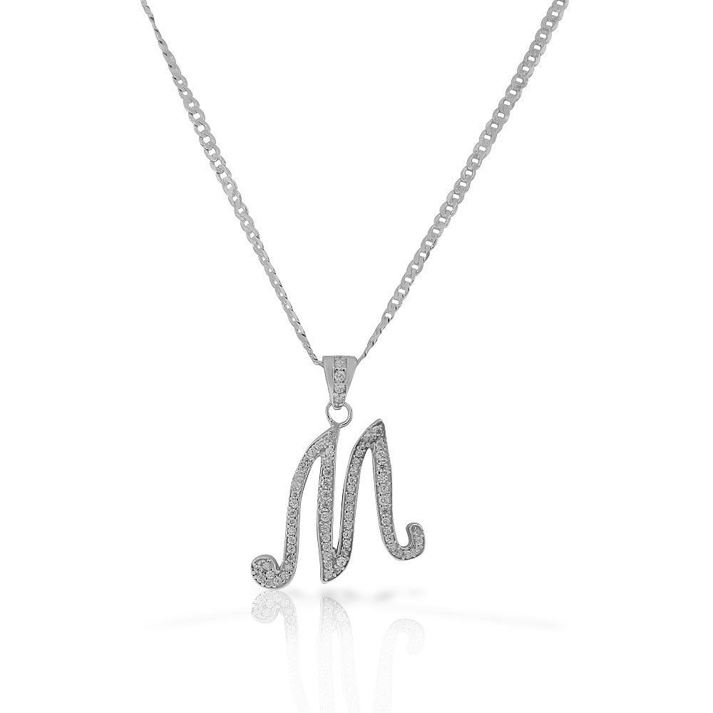 Letter M Cursive Initial CZ Pendant .925 Sterling Silver