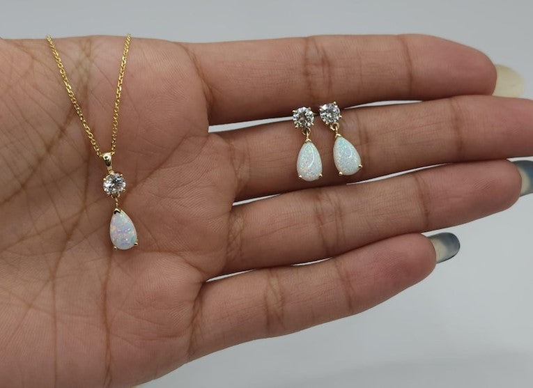 14Kt Gold Created Opal & Lab Grown Diamond Teardrop Dangle Stud Earrings