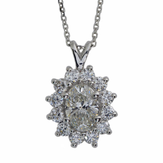 14Kt Gold 1.78 Ct Lab Grown Oval Diamond Solitaire Halo Pendant Necklace