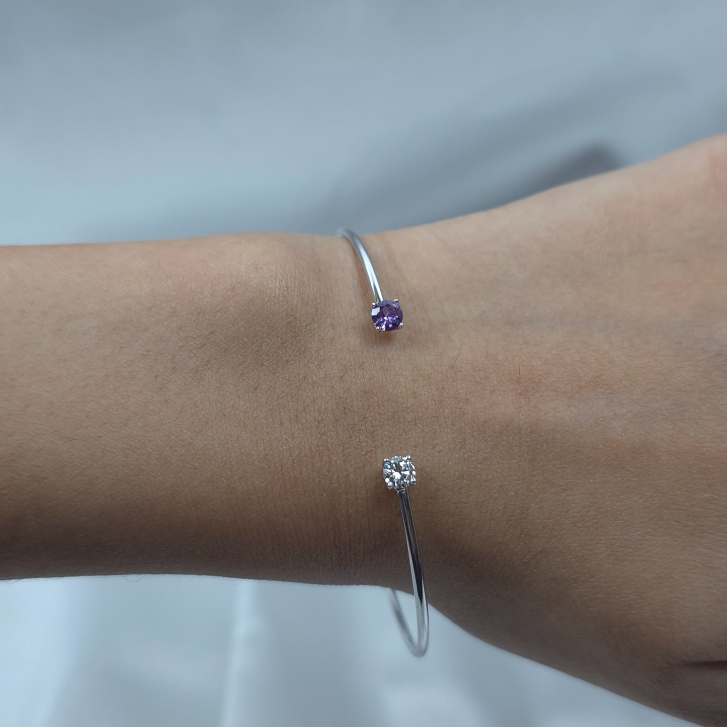 14Kt Gold Alexandrite and Lab Grown Diamond Open Cuff Bangle