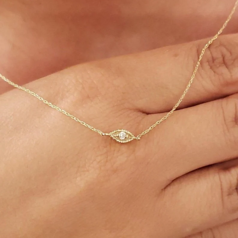 14Kt Gold Lab Grown Eye Diamond Double Side Pendant Necklace