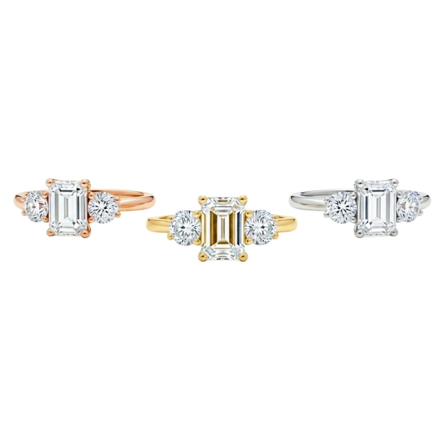 14K Gold 1.60 Ct 3 Stone Emerald Cut Lab Grown Diamond Ring