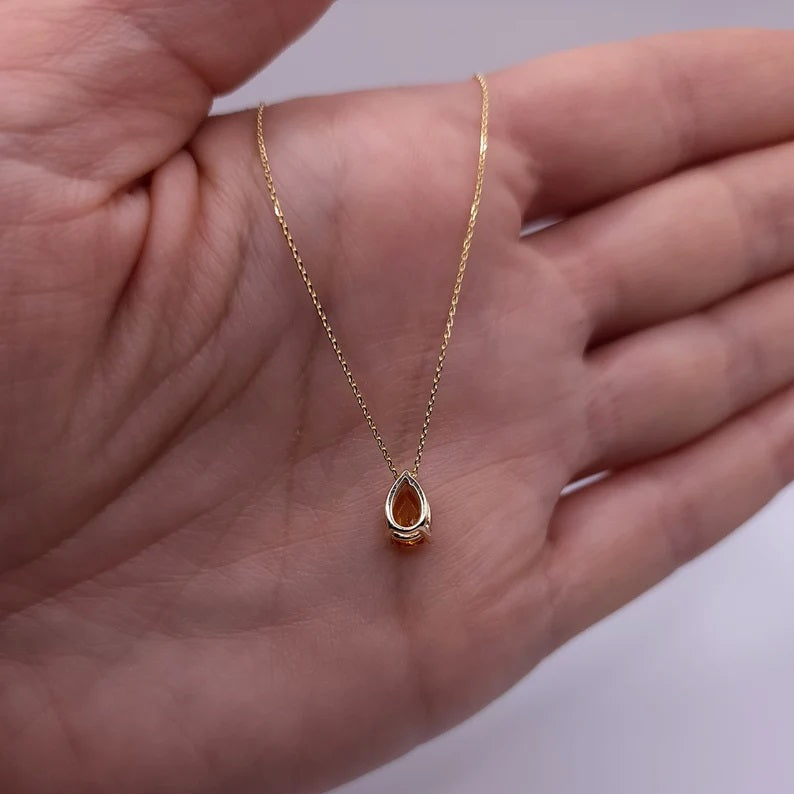 14Kt Gold Orange Citrine Teardrop Pendant Necklace