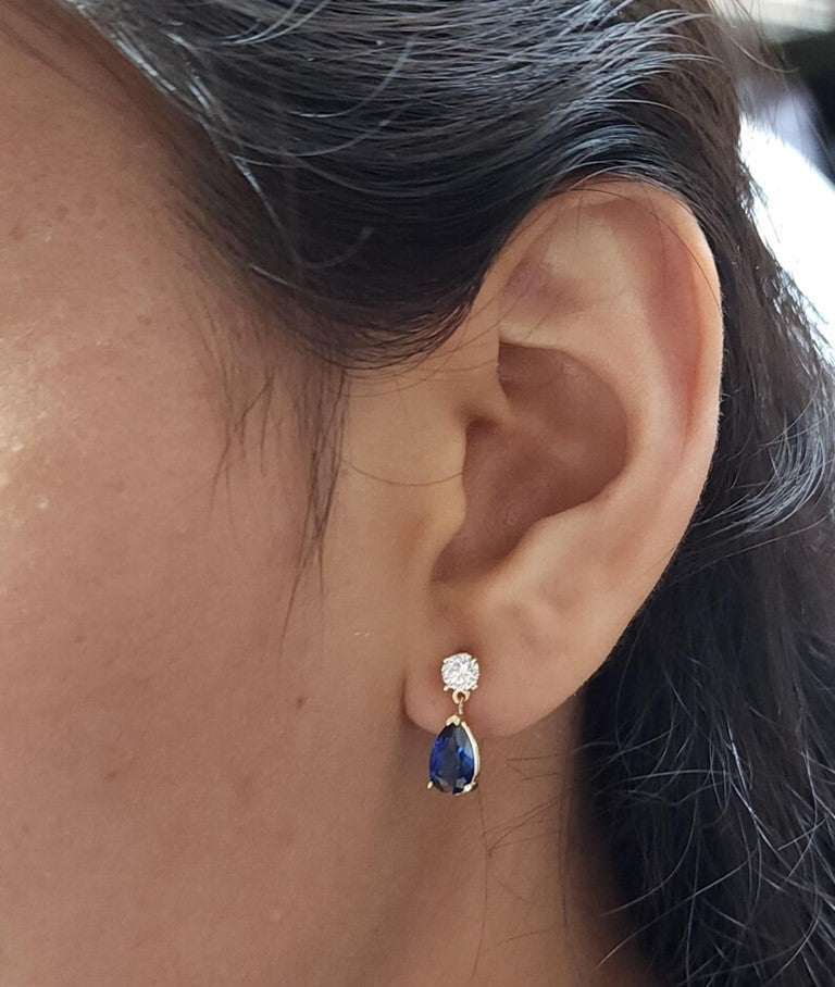 14Kt Gold Created Blue Sapphire Lab Grown Diamond Teardrop