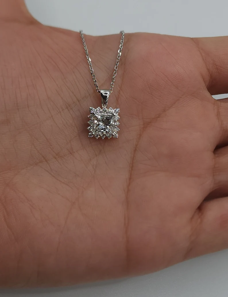 14K Gold 1.30 Ct Lab Grown Princess Cut Diamond Halo Solitaire Pendant Necklace