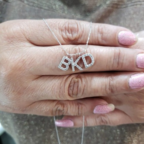 14Kt Gold 3 Initial Straight Letter Natural Diamond Pendant Necklace