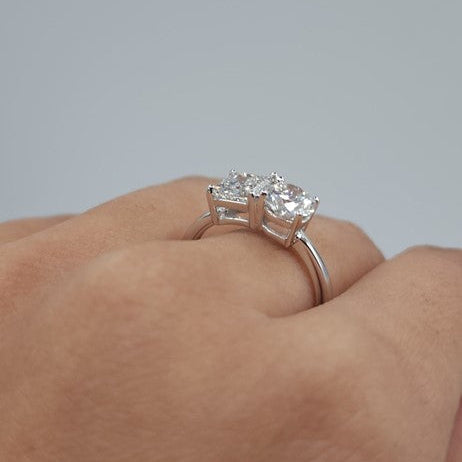 14Kt Gold 1.90 Ct Lab Grown Diamond Emerald Cut & Round 2 Stone Ring