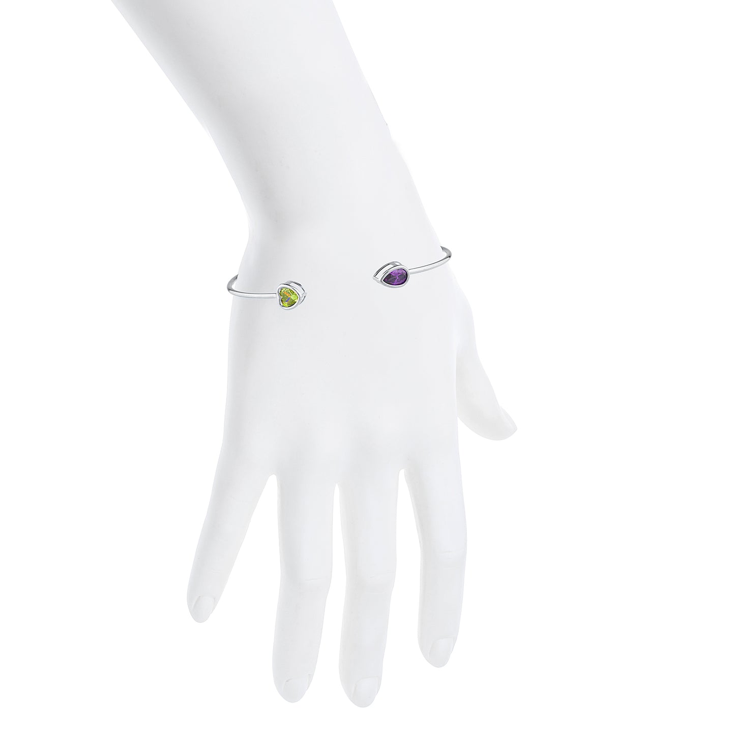 14Kt Gold Peridot Heart & Alexandrite Pear Bezel Bangle Bracelet