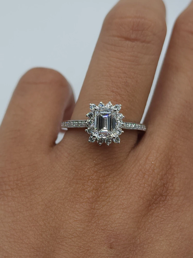 14Kt Gold 1.38 Ct Lab Grown Emerald Cut Diamond Halo Engagement Ring