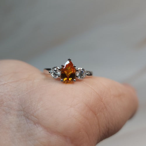 Simulated Orange Citrine & Lab Grown Diamond Pear Round ring .925 Sterling Silver