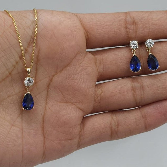 14Kt Gold Blue Sapphire Teardrop & Lab Grown Diamond Pendant