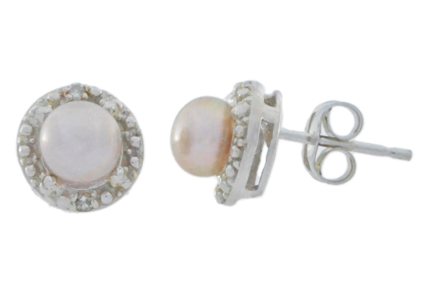 Natural Pink Freshwater Pearl & Diamond Round Stud Earrings 14Kt White Gold