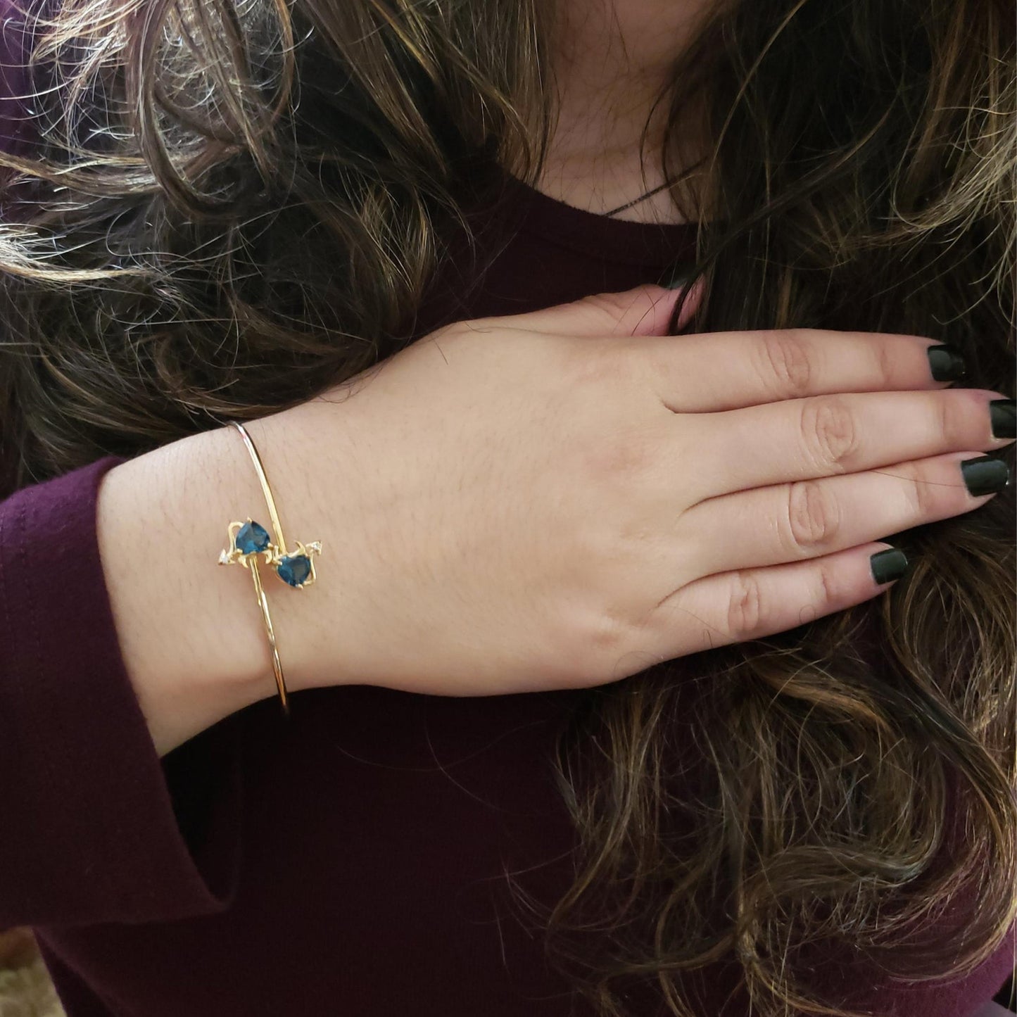 14Kt Gold London Blue Topaz & Diamond Devil Heart Bangle Bracelet