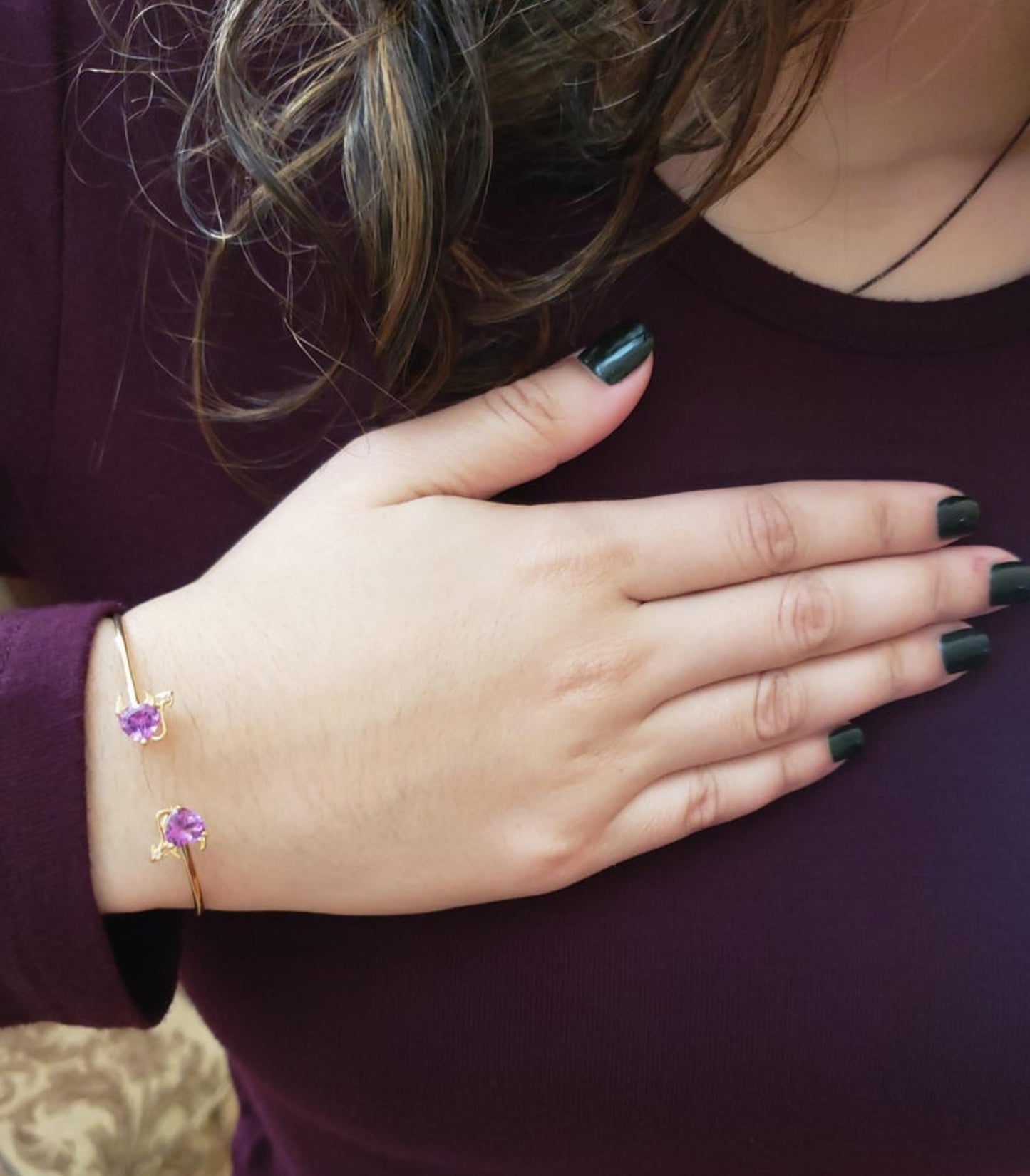 14Kt Gold Alexandrite & Diamond Devil Heart Bangle Bracelet