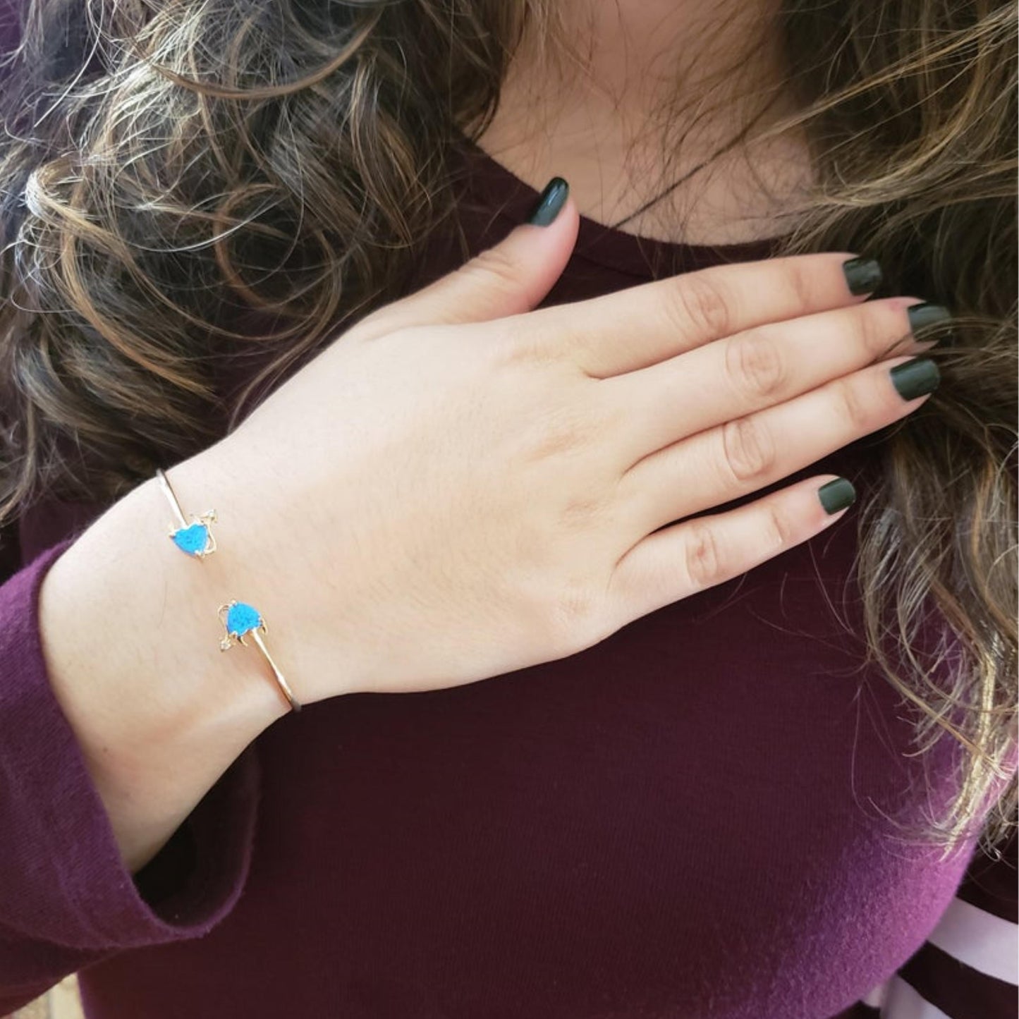 14Kt Gold Blue Opal & Diamond Devil Heart Bangle Bracelet
