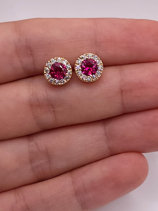 14Kt Gold 1 Ct Created Ruby Halo Design Stud Earrings