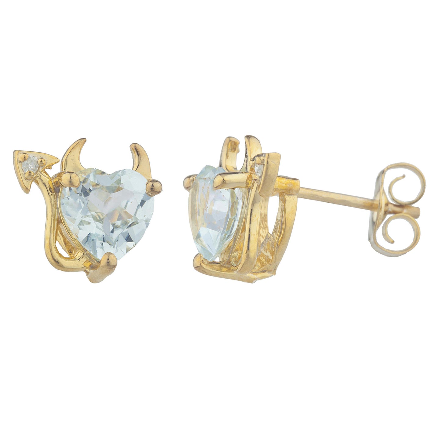 14Kt Gold Genuine Aquamarine & Diamond Devil Heart Stud Earrings
