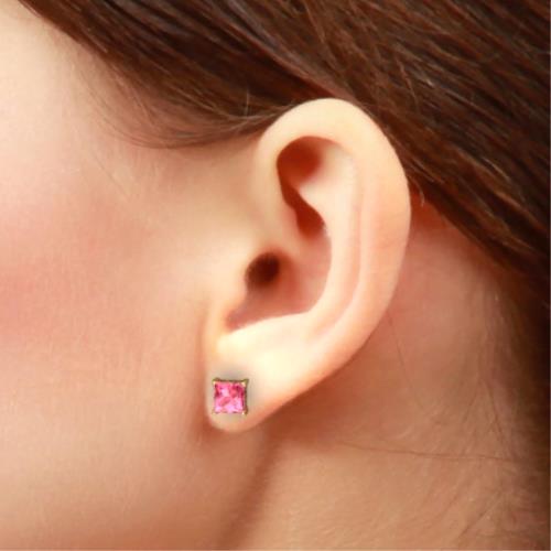 2 Ct Pink Sapphire Princess Cut Stud Earrings 14Kt Yellow Gold