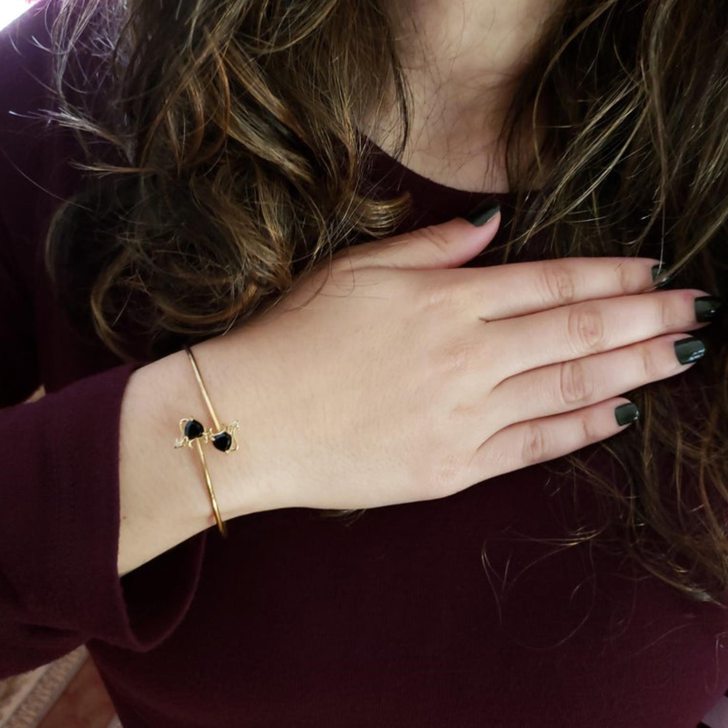 14Kt Gold Genuine Black Onyx & Diamond Devil Heart Bangle Bracelet