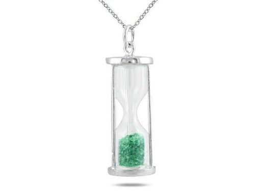 Natural Emerald 0.75 Ct 'Time in Bottle' Dust Hourglass Pendant .925 Sterling Silver