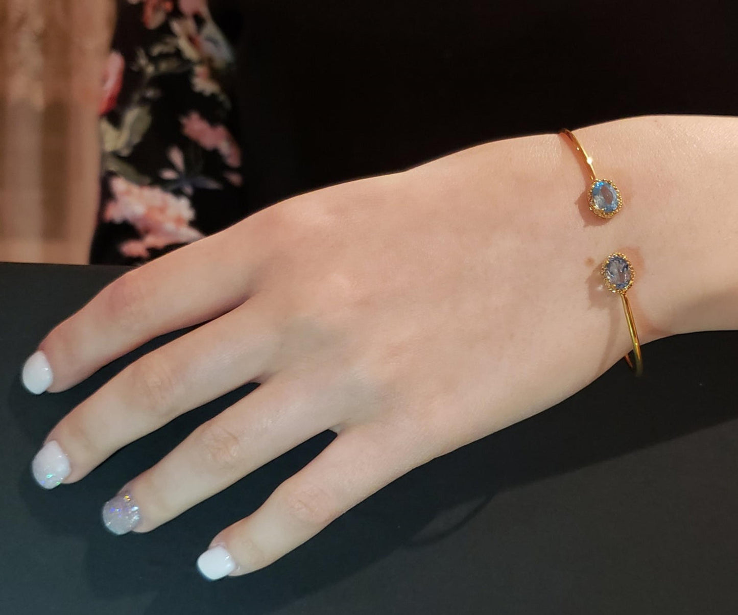 14Kt Gold Blue Topaz & Diamond Oval Bangle Bracelet