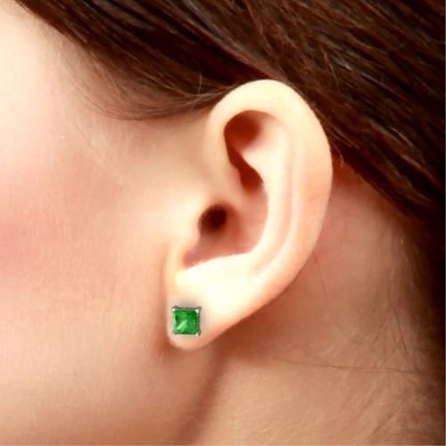 2 Ct Created Emerald Princess Cut Stud Earrings .925 Sterling Silver