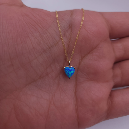 14Kt Gold Blue Opal Heart Pendant Necklace