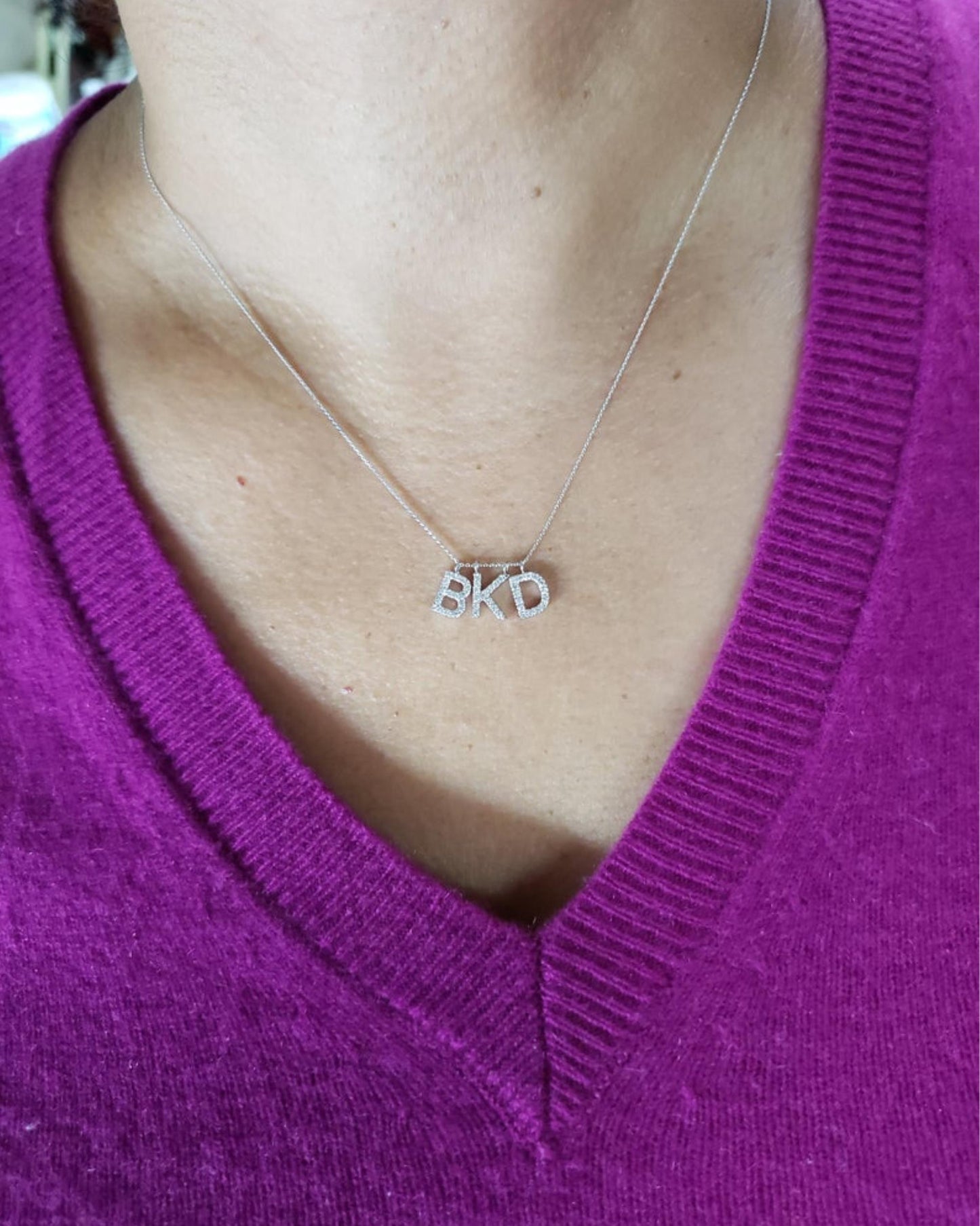 14Kt Gold 3 Initial Letter Diamond Pendant Necklace