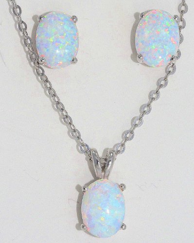 Opal Oval Stud Earrings & Pendant Set .925 Sterling Silver Rhodium Finish